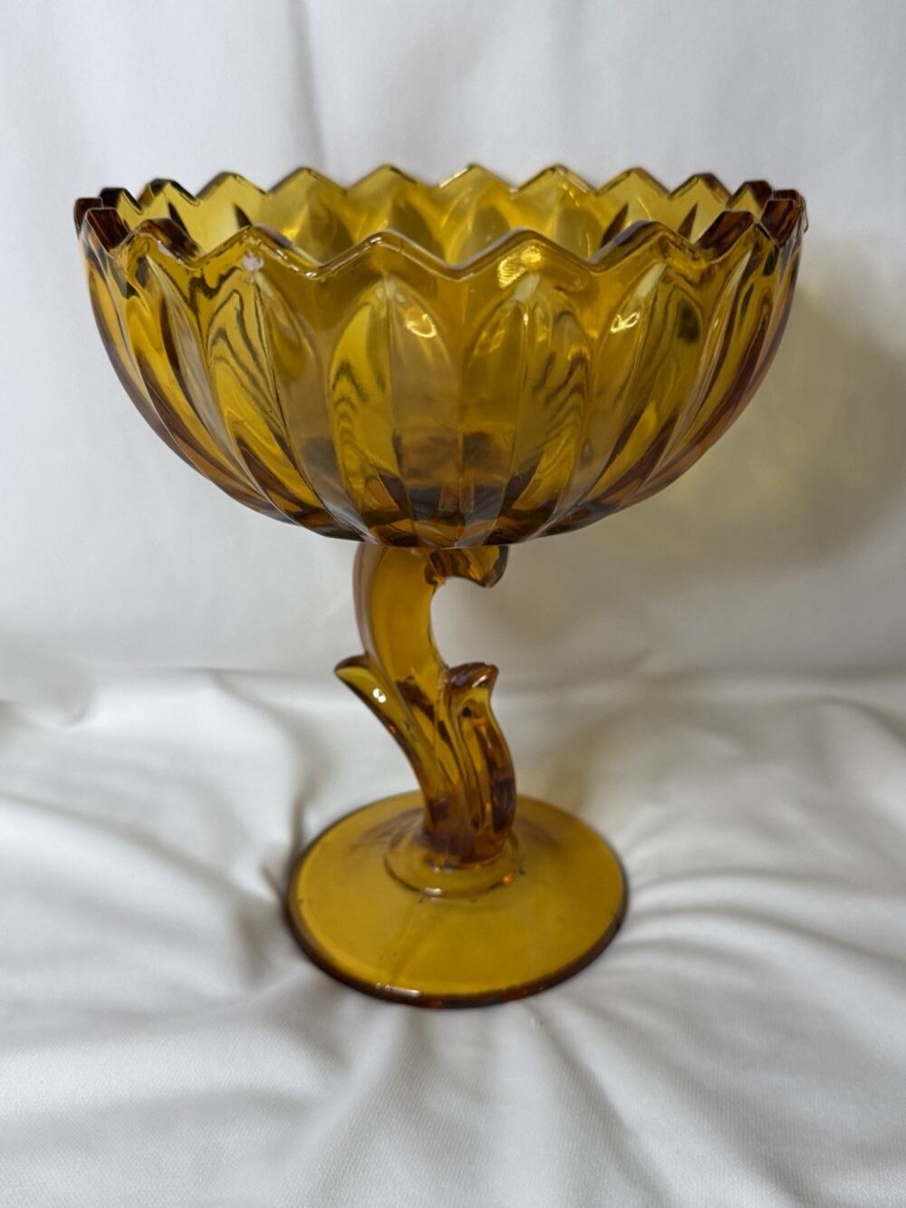 Vintage Indiana Glass Amber Lotus Blossom Flower Compote Pedestal Candy Dish